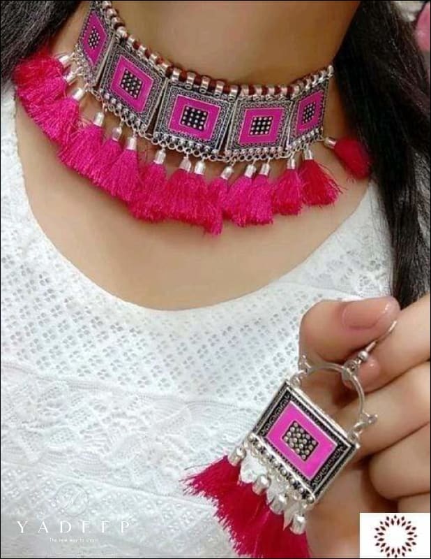 Oxidised Silver Orange Pink Tassel Beaded Afghani Boho Choker Necklace Earrings 