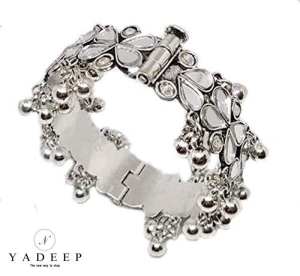 Yadeep India Accessories Women Silver Tone White Mirror Bangle Kada With Ghungroo Jewellery