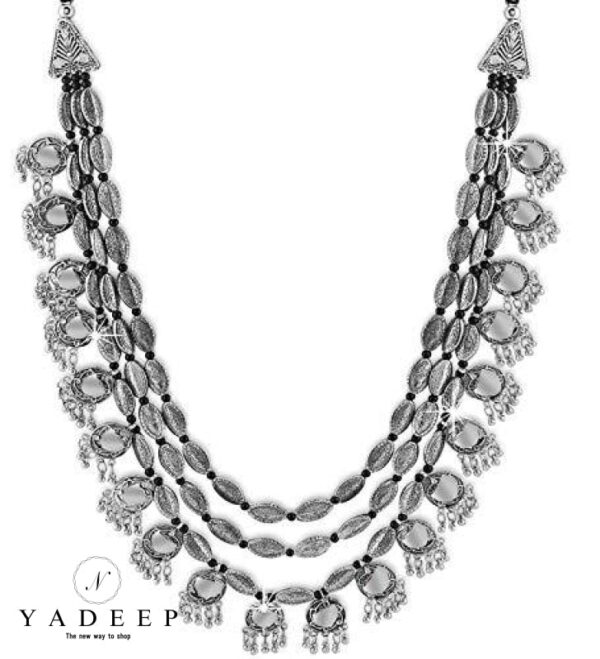 Yadeep India Afghani German Oxidised Silver Jewellery Antique 3 Layer Necklace Set For Women & Girls