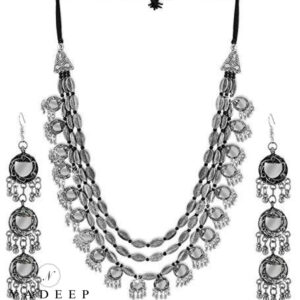 Yadeep India Afghani German Oxidised Silver Jewellery Antique 3 Layer Necklace Set for Women & Girls