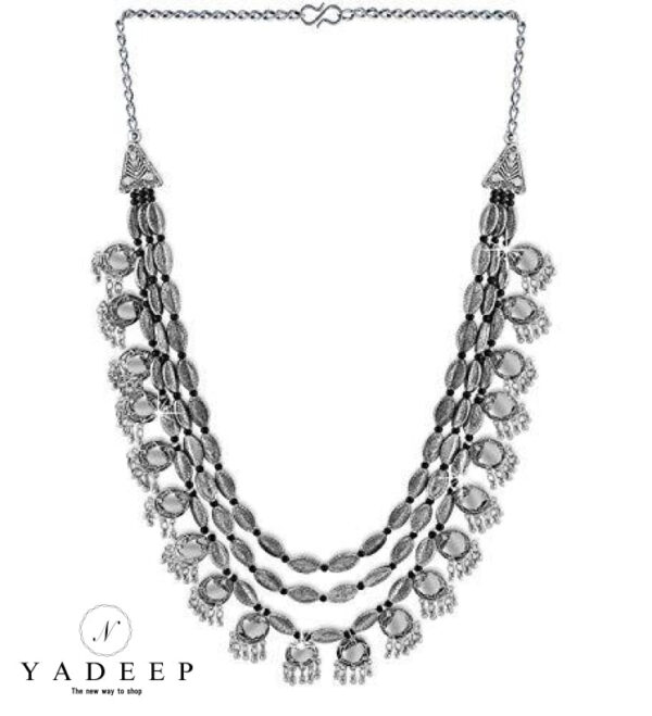 Yadeep India Afghani German Oxidised Silver Jewellery Antique 3 Layer Necklace Set For Women & Girls