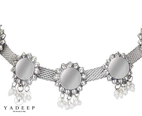 Yadeep India Afghani Oxidised German Silver Jewellery Antique Designer Mirror Choker Necklace Set