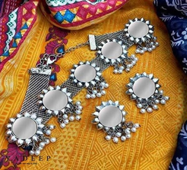 Yadeep India Afghani Oxidised German Silver Jewellery Antique Designer Mirror Choker Necklace Set