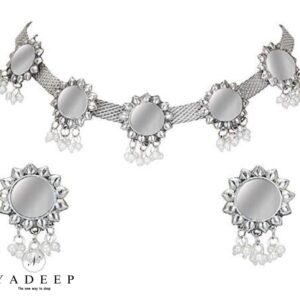 Yadeep India Afghani Oxidised German Silver Jewellery Antique Designer Mirror Choker Necklace Set for Women & Girls