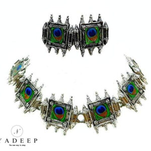 Yadeep India  Afghani Oxidised German Silver Jewellery Antique Peacock Choker Necklace Set for Women & Girls