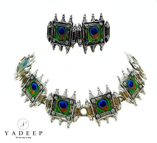 Yadeep India Afghani Oxidised German Silver Jewellery Antique Peacock Choker Necklace Set For Women