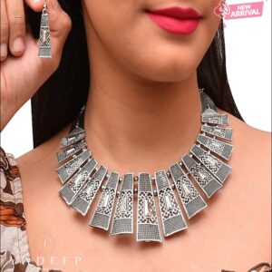 Yadeep India Afghani Oxidised Silver Jewellery Stylish Antique choker Necklace Set for Women & Girls