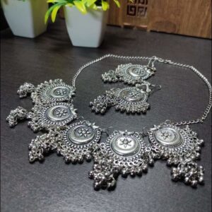 Yadeep India Afghani Oxidised Silver Jewellery Stylish Antique Long Necklace Set for Women & Girls