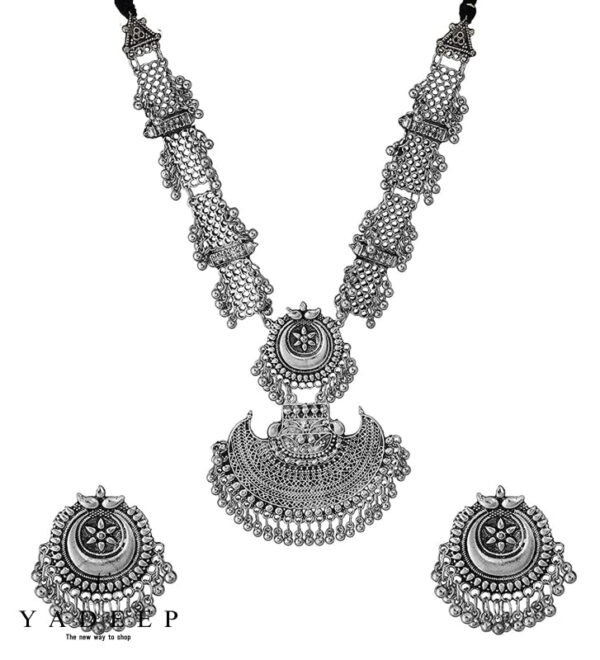 Yadeep India Afghani Oxidised Silver Jewellery Stylish Antique Long Necklace Set For Women & Girls
