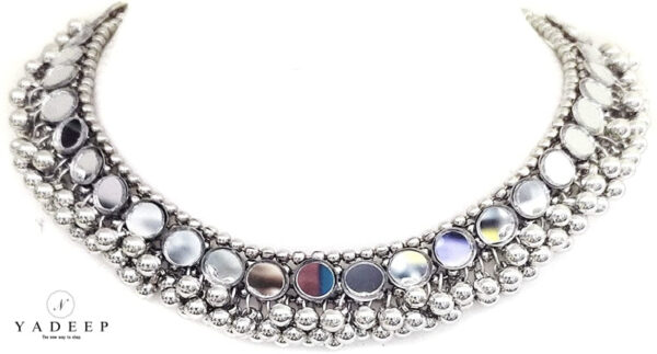 Yadeep India Afghani Oxidised Silver Mirror Choker Necklace For Girls & Women