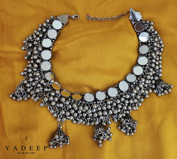 Yadeep India Afghani Style Mirror Work Silver Oxidised Ghungroo Choker Necklace For Women & Girls