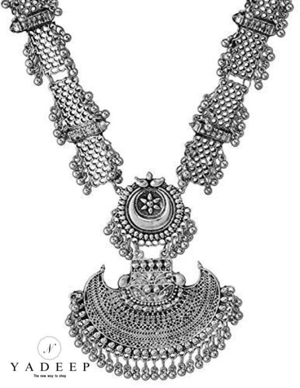 Yadeep India Afghani Style Oxidised Silver Ghungru Jewellery Chain Pendant Necklace Set For Women &