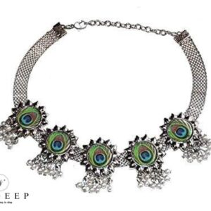 Yadeep India Choker Necklace Earrings Set (Jewellery Set) for Women and Girls (Oxidized Artificial Silver)