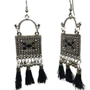 Yadeep India Casual Silver Plated Squar Shap & Black Tassel Hook Earrings for Girls and Women