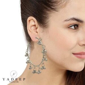 Yadeep India Contemporary Metal German Silver and Crystal Hoop Earrings for Women, Silver