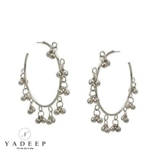 Yadeep India Contemporary Metal German Silver and Crystal Hoop Earrings for Women, Silver