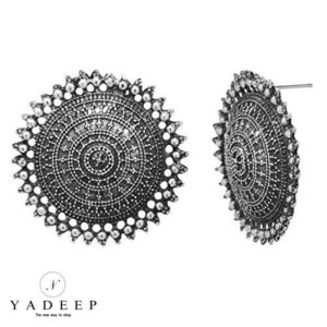 Yadeep India Contemporary Oxidized Silver Base Metal Stud Earrings for Women & Girls, White