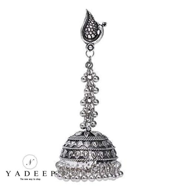 Yadeep India Designer Traditional Oxidized German Silver Big Long Stylish Antique Jhumka Earrings