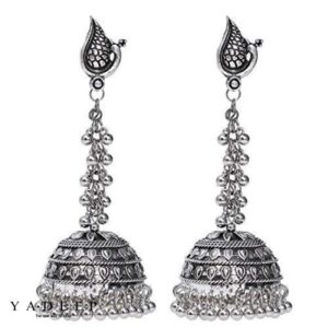 Yadeep India Designer Traditional Oxidized German Silver Big Long Stylish Antique Jhumka Earrings for Women and Girls