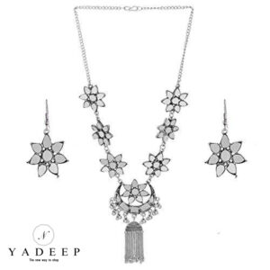 Yadeep India  German Oxidised Silver Jewellery Stylish Antique Afghani Mirror Necklace for Women & Girls