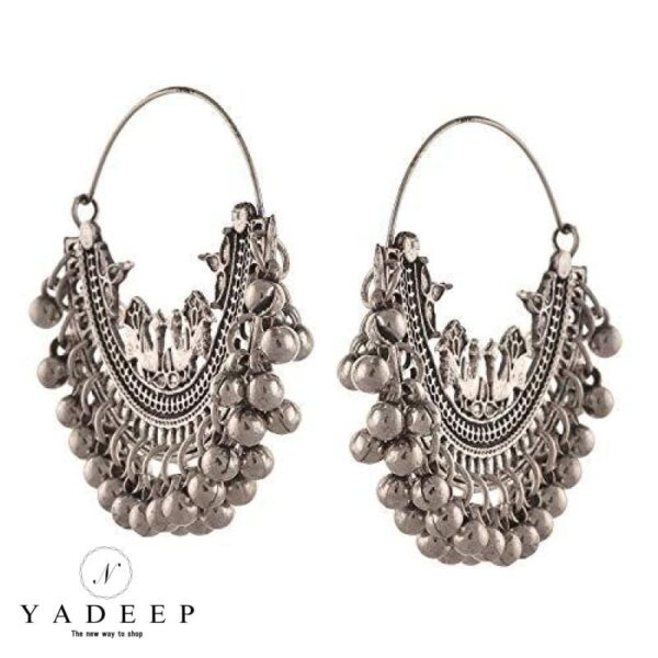 Yadeep India German Silver Oxidised Stylish Chandbali Designer Afghani Hoop Earrings For Women And