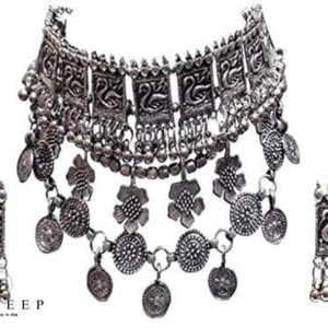 Yadeep India  German Silver Plated and Choker Necklace With Earrings Set for Girls & Women