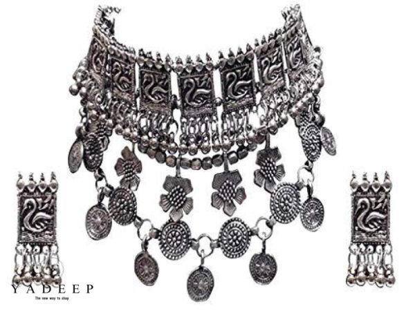Yadeep India German Silver Plated And Choker Necklace With Earrings Set For Girls & Women Jewellery