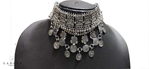 Yadeep India German Silver Plated And Choker Necklace With Earrings Set For Girls & Women Jewellery