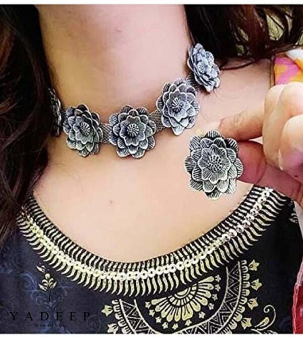 Yadeep India Handcrafted Oxidised Silver Afghani Jewellery Flower Choker Necklace Set For Women &