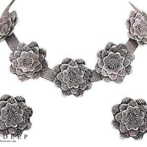 Yadeep India Handcrafted Oxidised Silver Afghani Jewellery Flower Choker Necklace Set for Women & Girls