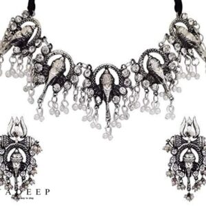 Yadeep India Jewellery Oxidised Silver Ganesh Choker Necklace Set for Women & Girls
