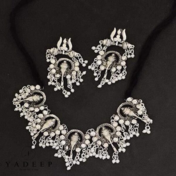 Yadeep India Jewellery Oxidised Silver Ganesh Choker Necklace Set For Women & Girls