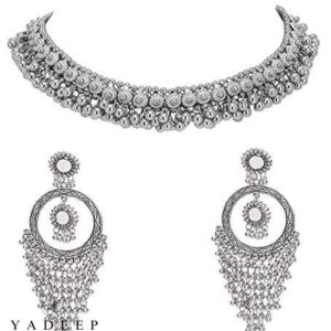 Yadeep India Jewellery Oxidised Silver Latest Desigen Choker Necklace with Earring Set for Women & Girls