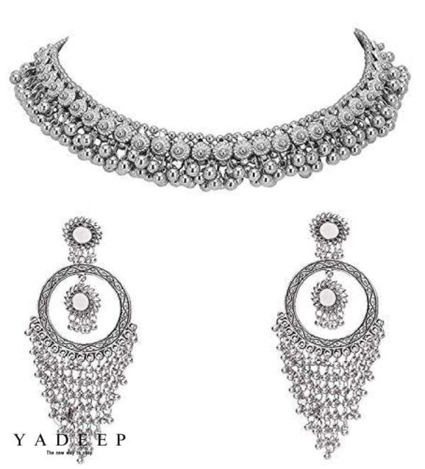 Yadeep India Jewellery Oxidised Silver Latest Desigen Choker Necklace With Earring Set For Women &