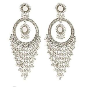 Yadeep India Jewellery Silver Oxidised Chandbali Afghani Dangle Drop Earrings for women and girls