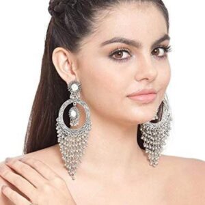 Yadeep India Jewellery Silver Oxidised Chandbali Afghani Dangle Drop Earrings for women and girls