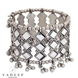 Yadeep India Jewellery Silver Oxidised Mirror Cuff Bangle Bracelet for Women and Girls