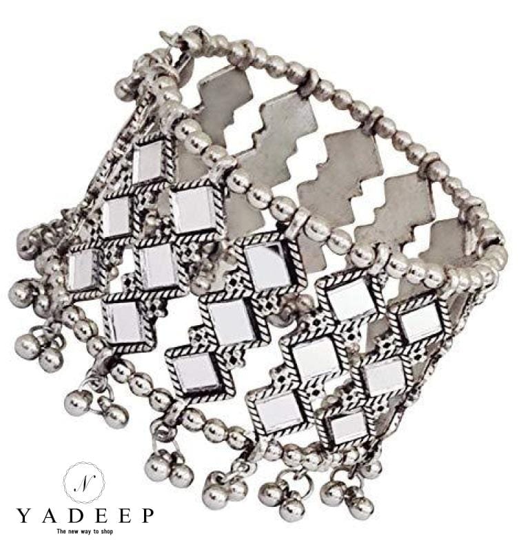 Yadeep India Jewellery Silver Oxidised Mirror Cuff Bangle Bracelet
