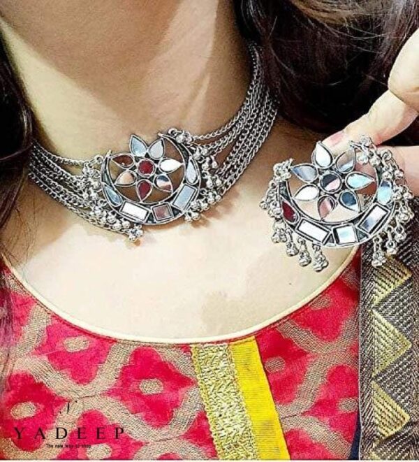 Yadeep India Oxidised German Silver And Choker Necklace Set For Women & Girls Jewellery