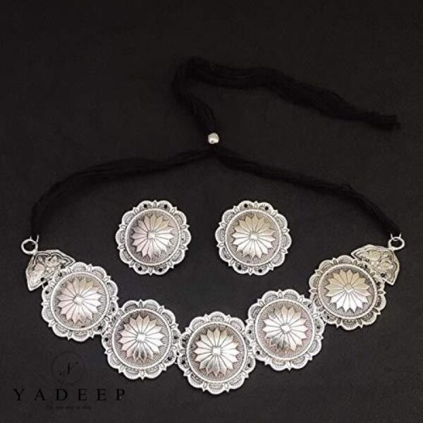 Yadeep India Oxidised Silver Afghani Necklace Antique Choker Jewellery Set For Girls & Women