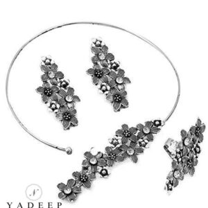 Yadeep India Oxidised Silver Jewellery Afghani Style Hasli Choker Necklace Set for Women & Girls