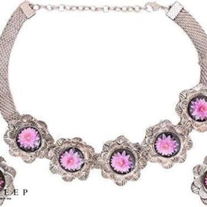 Yadeep India Oxidised Silver Pink Flower Choker Necklace with Earring Women & Girls Jewellery