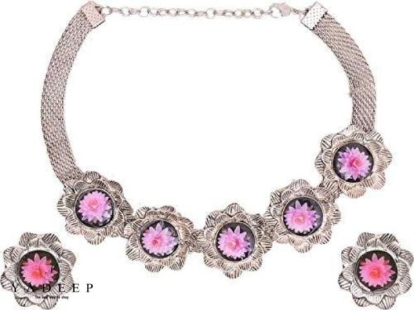 Yadeep India Oxidised Silver Pink Flower Choker Necklace With Earring Women & Girls Jewellery