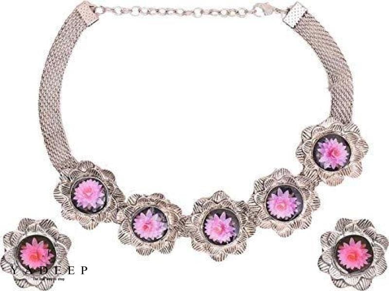 Yadeep India Oxidised Silver Pink Flower Choker Necklace with