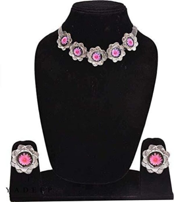 Yadeep India Oxidised Silver Pink Flower Choker Necklace With Earring Women & Girls Jewellery