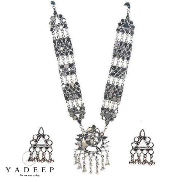 Yadeep India Oxidised Silver Plated Handcrafted Long Mirrar Necklace For Women & Girls Jewellery