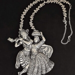 Yadeep India  Oxidised Silver Radha Krishna Chain Pendant Necklace with Hoop for Girls & Women