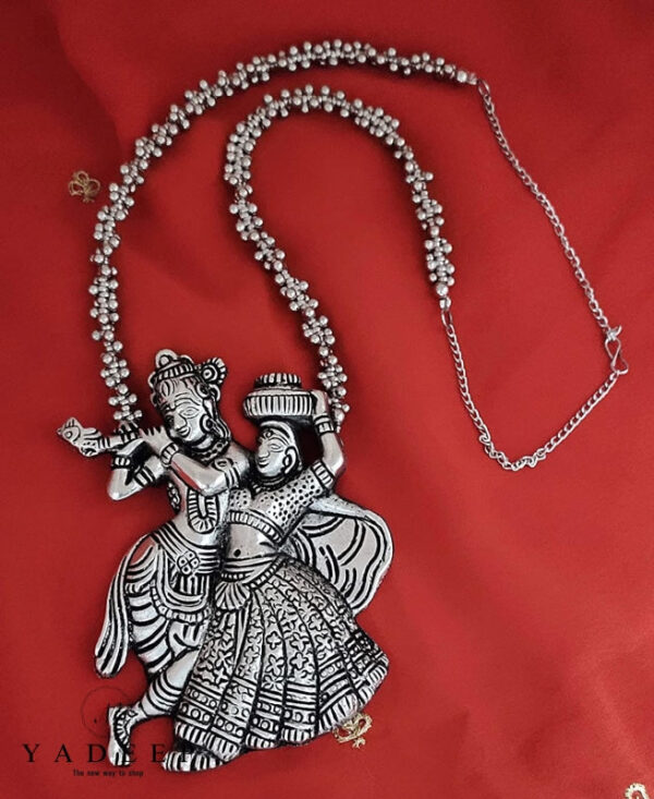Yadeep India Oxidised Silver Radha Krishna Chain Pendant Necklace With Hoop For Girls & Women