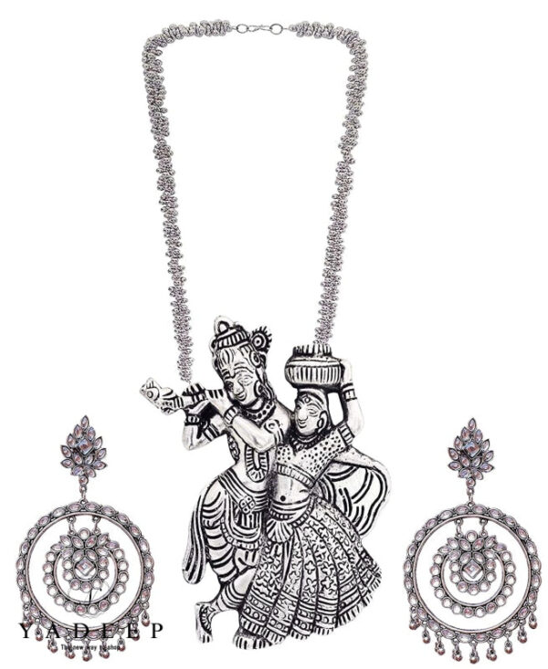 Yadeep India Oxidised Silver Radha Krishna Chain Pendant Necklace With Hoop For Girls & Women Mirror