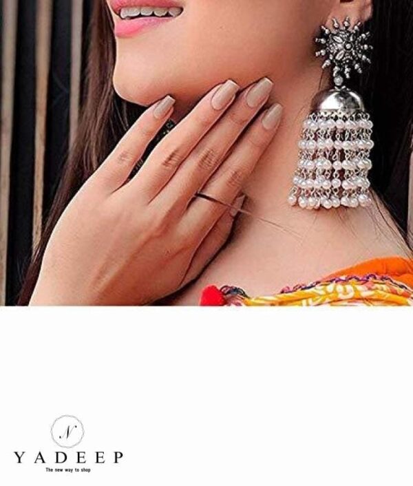 Yadeep India Oxidised Silver Traditional Earring With White Pearl Afghani Long Tassel Sun Shape